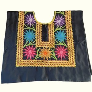 Oaxaca Mexico Huipil Style poncho like pull on top black colorful embroidery